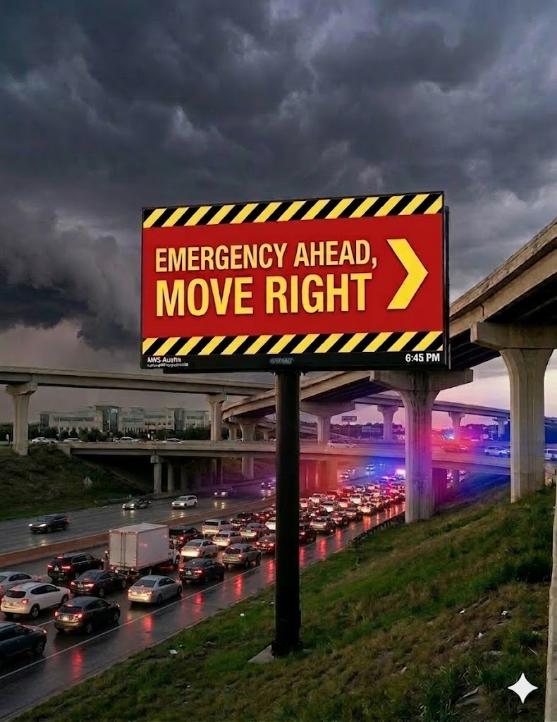 Example of a digital messaging board warning drivers to move right during an emergency ahead