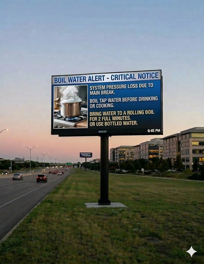 Example of a digital messaging board displaying a boil water alert